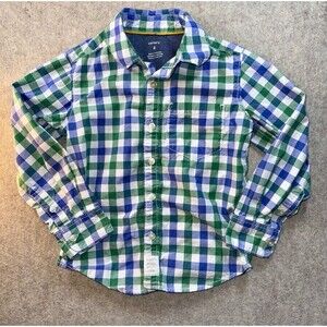 Carters Boys Size 4 Long Sleeve Button Up Green Blue White Plaid